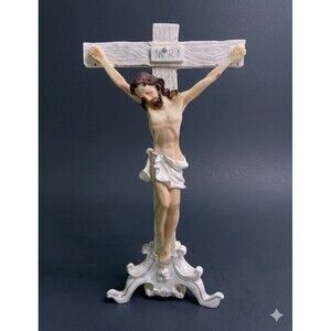 VTG Hand Painted Jesus Crucifix INRI Standing Cross Resin Religious Figurine 8”